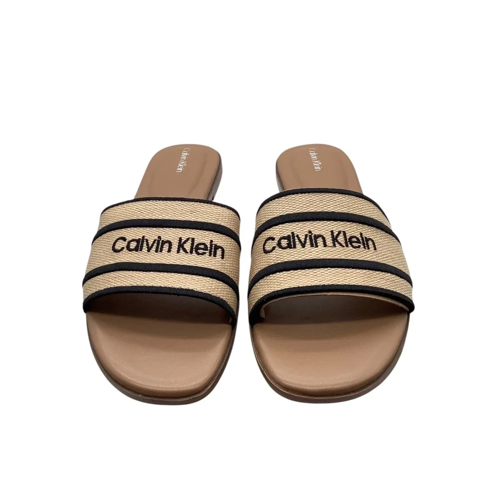 Calvin Klein Kendell Women Slide Sandals Light Natural Black Striped Flat 9.5 M